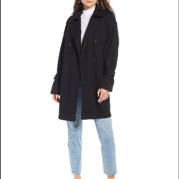 NEW SOMETHING NAVY Black Easy Oversized Tench Coat Size Medium - Picture 6 of 7